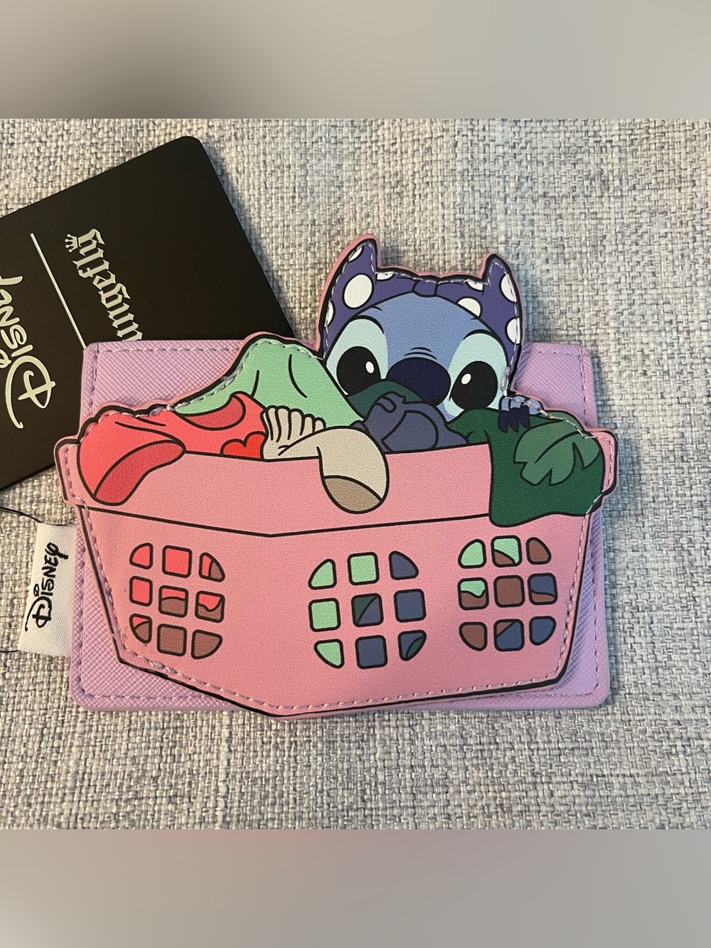 Cute Purple Stitch Wallet with Pink Laundry Basket Design